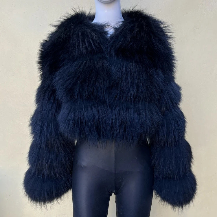 Navy Blue cropped banded fur coat, 3-Sleeve 5-Section layout, size 4XL