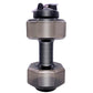 Clear dumbbell water bottle standing upright showing faceted ends and knurled centre grip