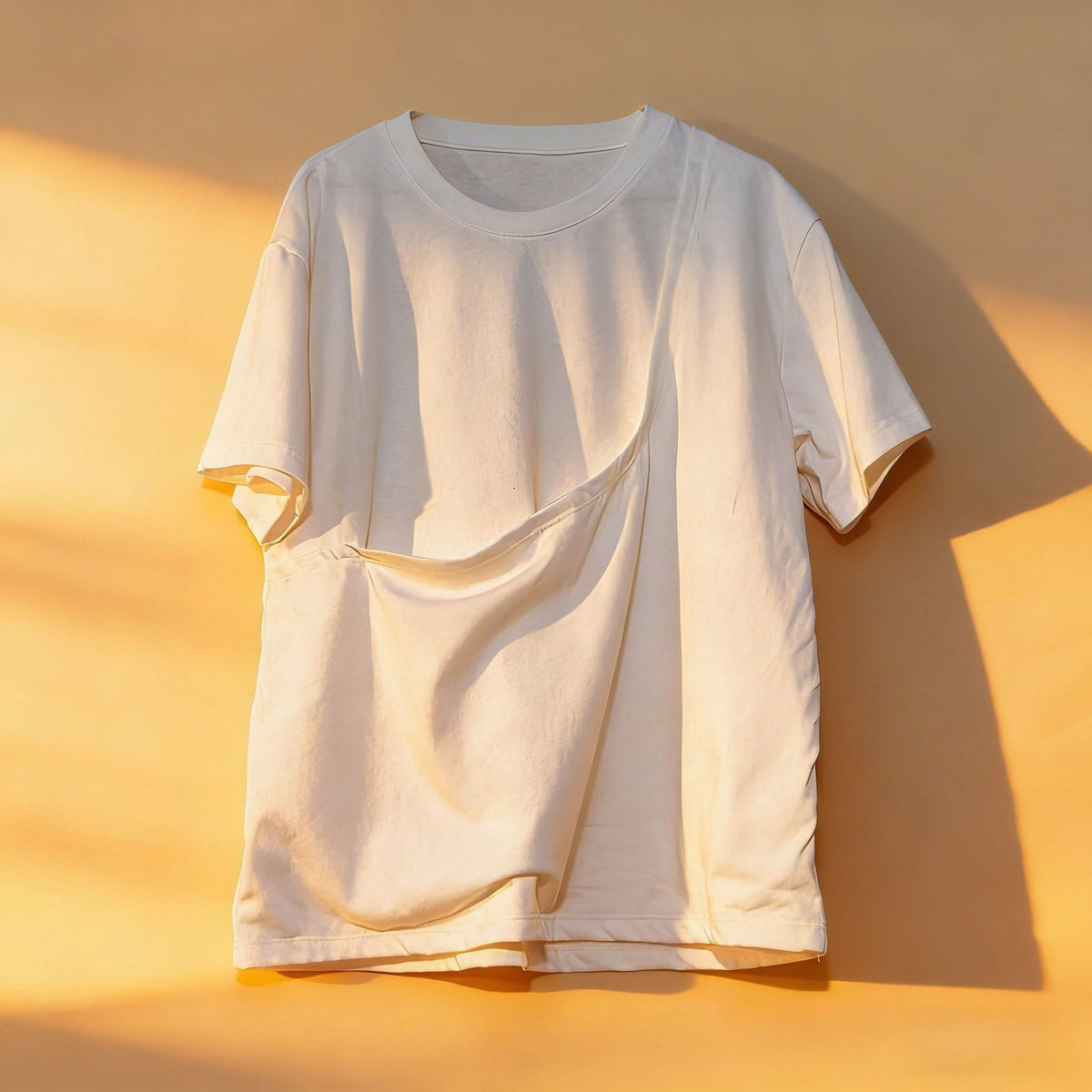 Woman holding a cat resting in the front pouch of the white pet pouch t-shirt