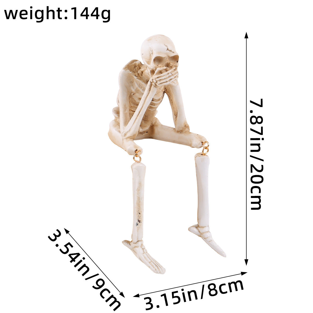 Single skeleton shelf sitter perched on a shelf edge for Halloween