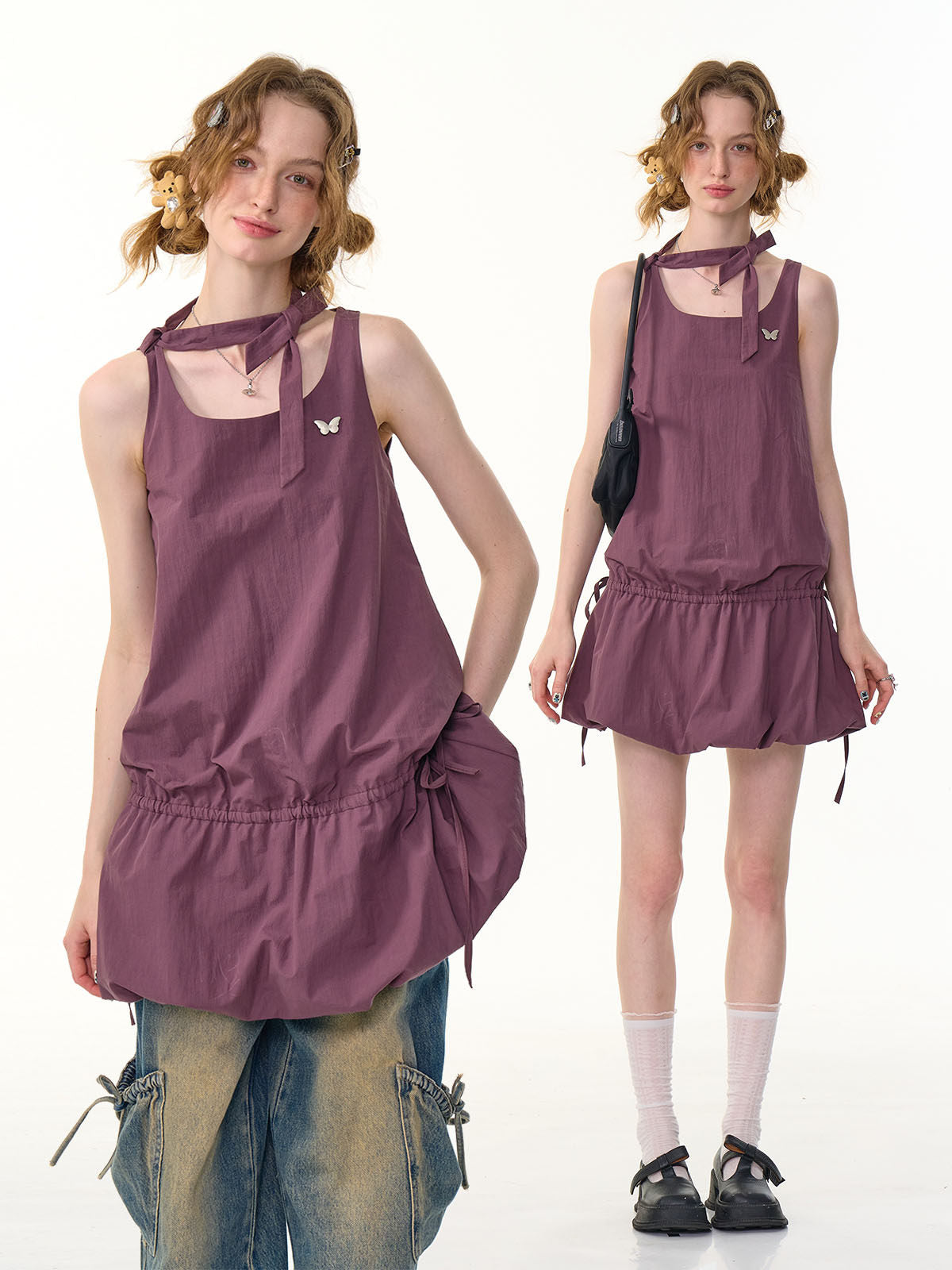 Front view of retro cami dress showing soft bodice gather