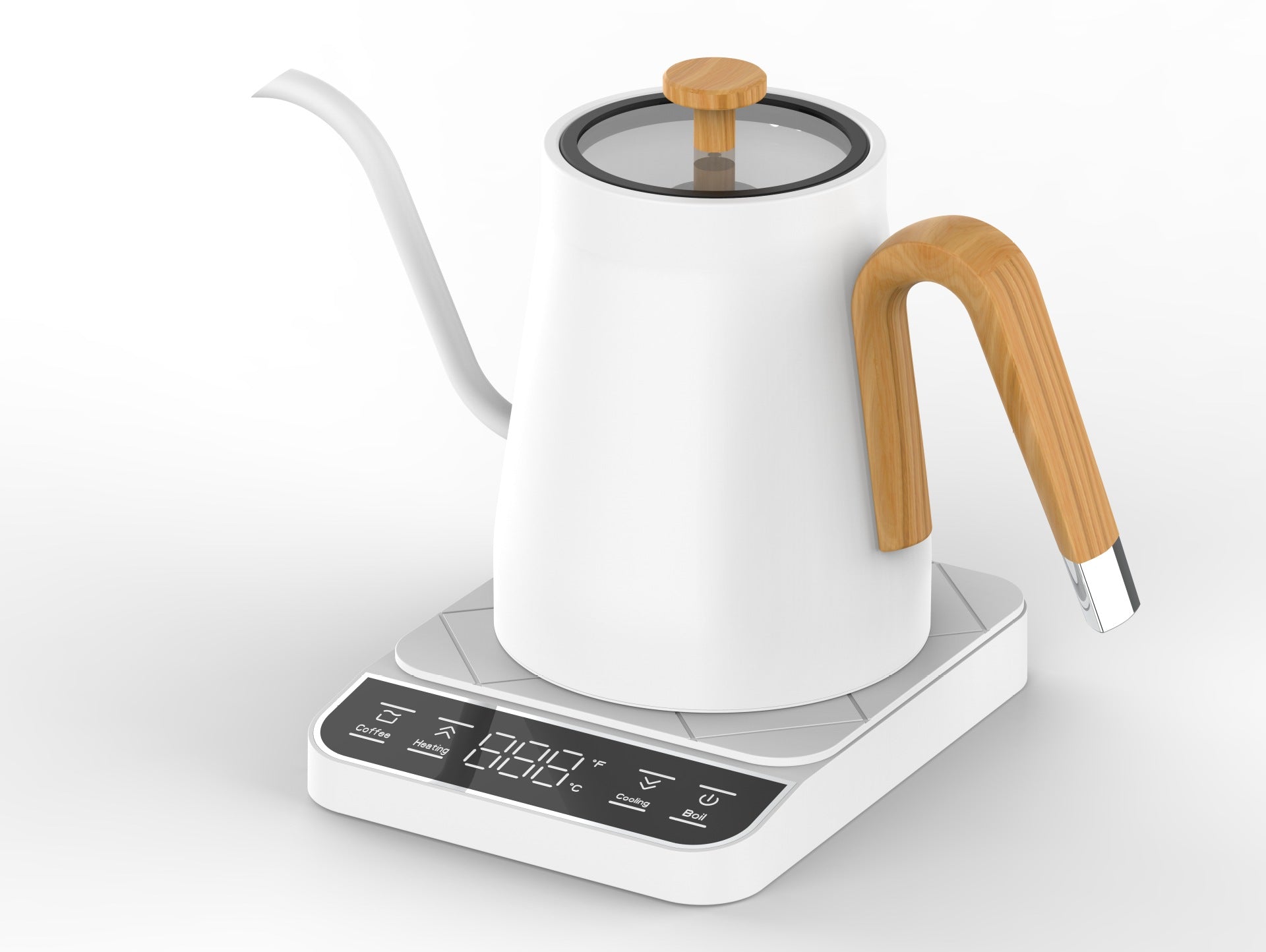 White gooseneck kettle with a wood grain patterned handle and lid knob on its white touch base