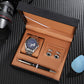 Mens watch gift set shown with its tan leatherette box and packaging