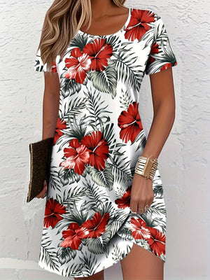 Front view of a digital floral print short sleeve dress with an overlapping tulip hem