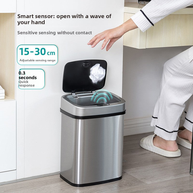 Maker panel showing a hand above the open lid, sensing range 15 to 30 cm and 0.3 second response