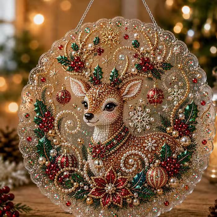 Sparkling diamond painting hanging decoration finished in red gold and green beads