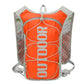 Orange hydration backpack front with reflective OUTDOOR print and mesh side pockets