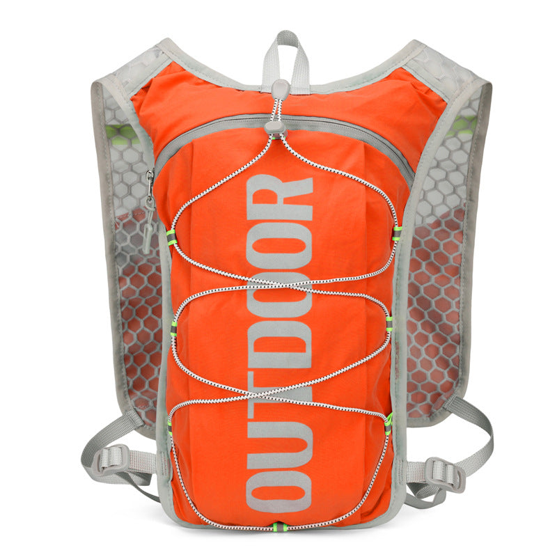 Orange hydration backpack front with reflective OUTDOOR print and mesh side pockets