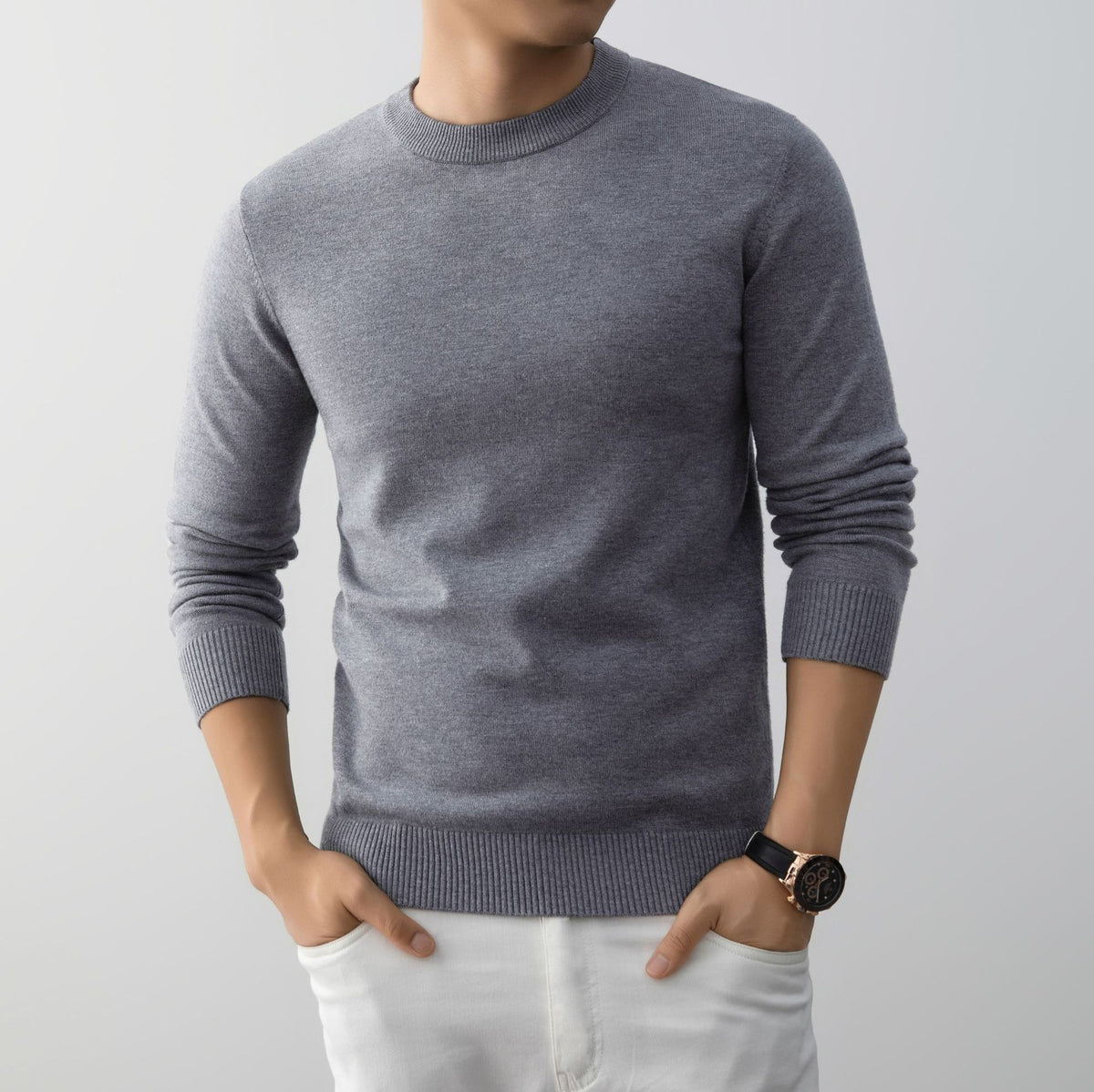 Light gray slim fit crew neck knit sweater, option photo for size 185 (3XL)