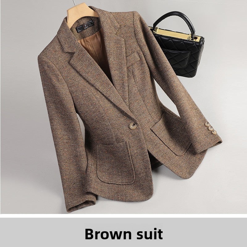 Brown herringbone tweed blazer with tan lining and patch pockets, option photo captioned brown suit, view 6 of 7