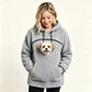 Light gray teddy fleece hoodie with a small dog's head looking out of the chest opening above the front pocket