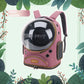 Plum pink space capsule cat carrier backpack with clear dome, side mesh panel and front zip pocket on a leaf background