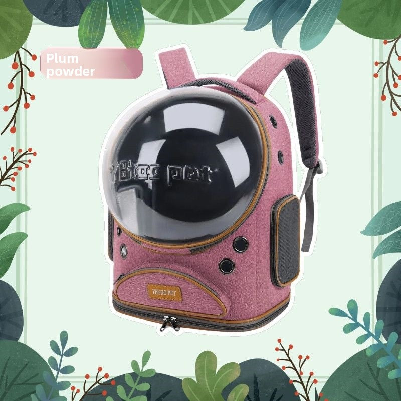 Plum pink space capsule cat carrier backpack with clear dome, side mesh panel and front zip pocket on a leaf background