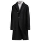 Black double-breasted long wool coat with wide peak lapels over a gray turtleneck, Black 185/XXL option photo