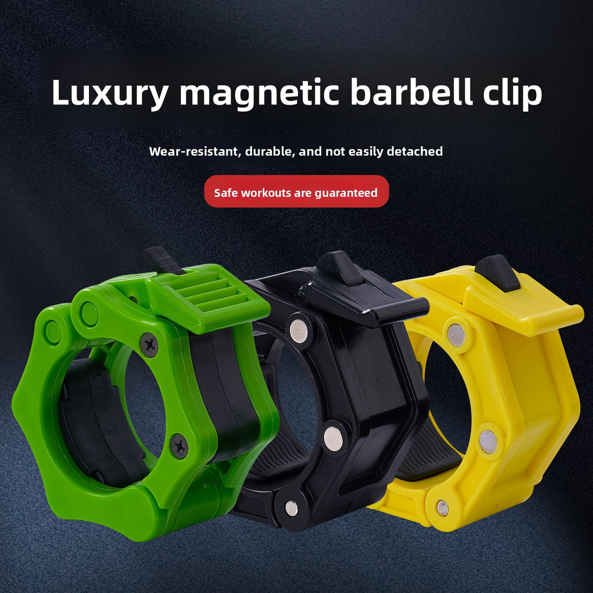 Green, black and yellow quick release barbell collars side by side on a dark background