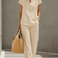 Stand-collar top and wide-leg pants set shown from the side