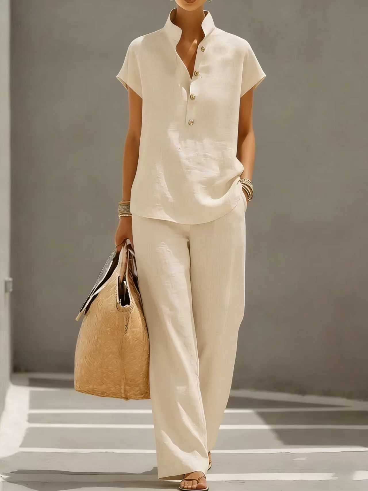 Stand-collar top and wide-leg pants set shown from the side