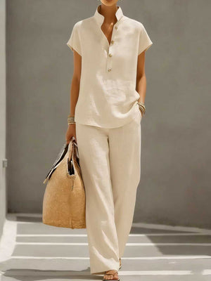 Stand-collar top and wide-leg pants set shown from the side