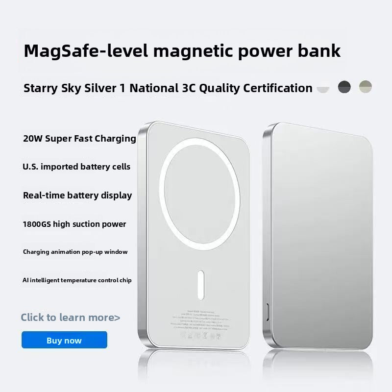 Magnetic wireless power bank standing upright beside a smartphone for scale