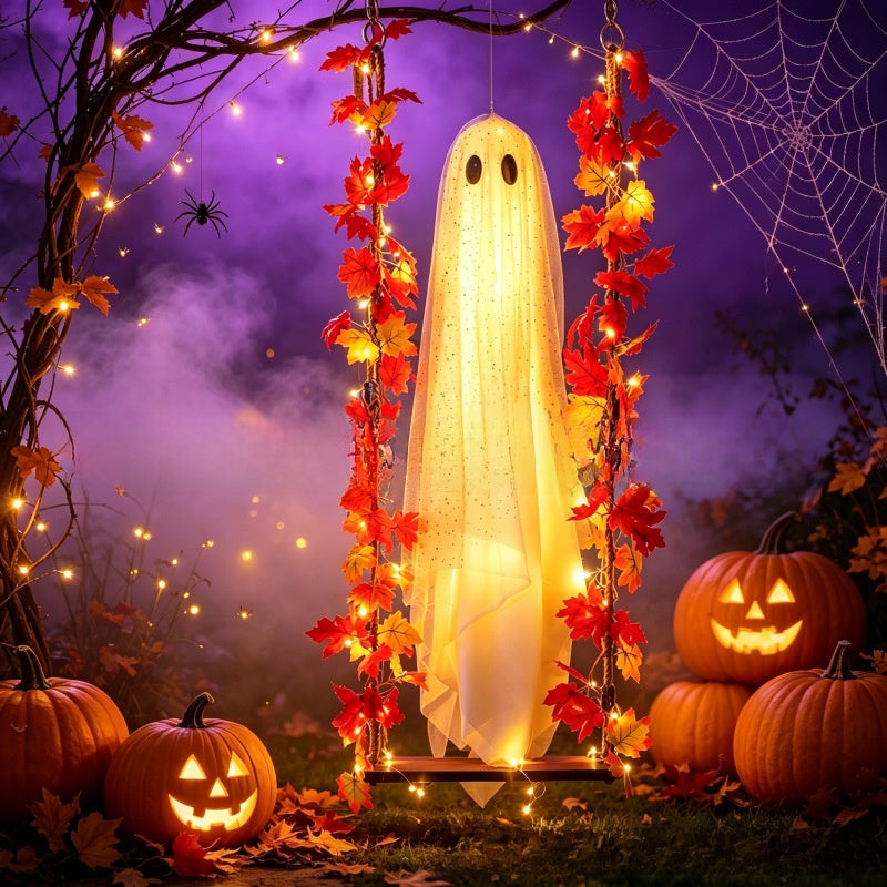 Glowing white mesh ghost hanging on a swing with fall maple leaf light ropes among pumpkins