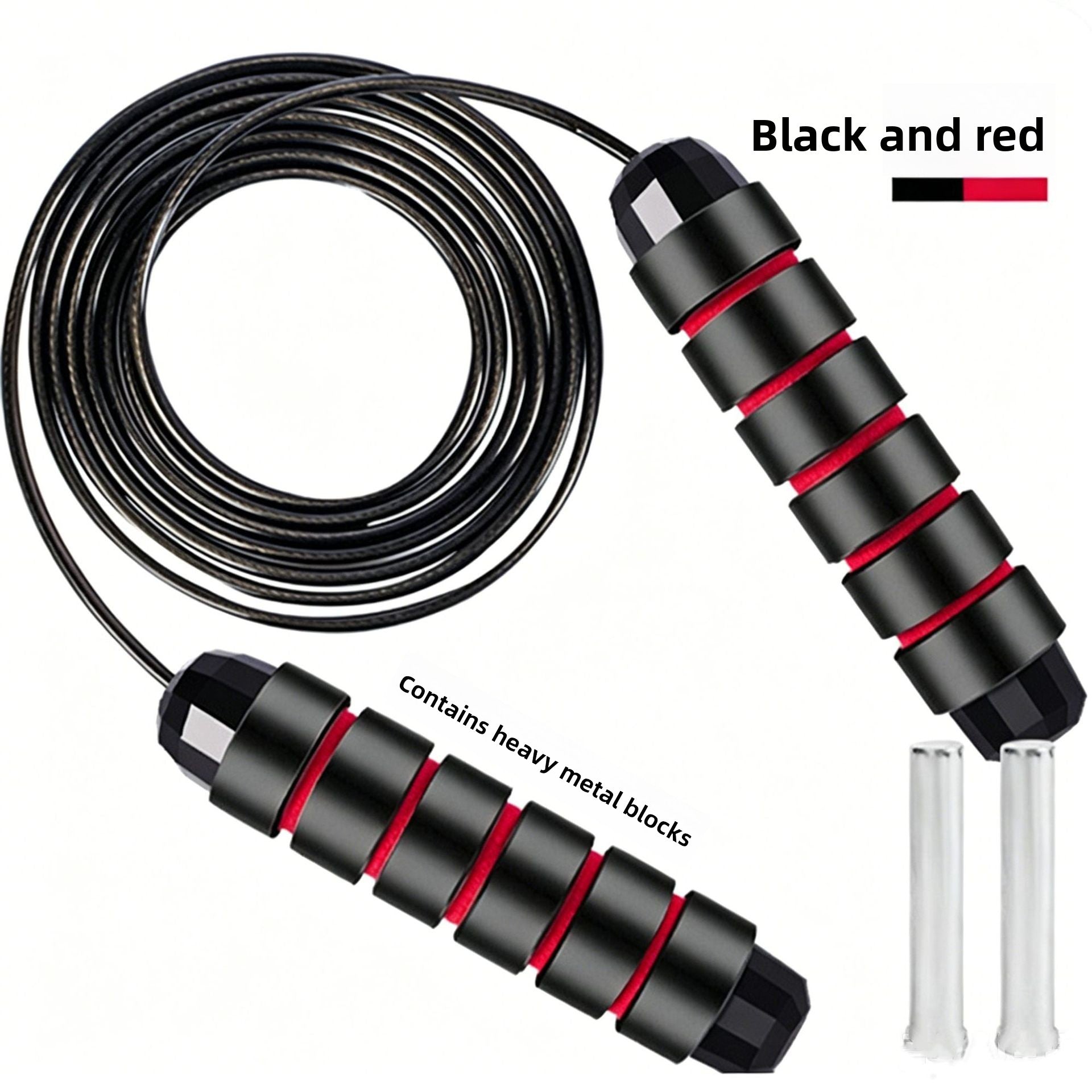 Black and red weighted skipping rope shown with its two removable metal bars