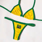 Blue and white Brasil bikini set with stitched flag patch flat lay