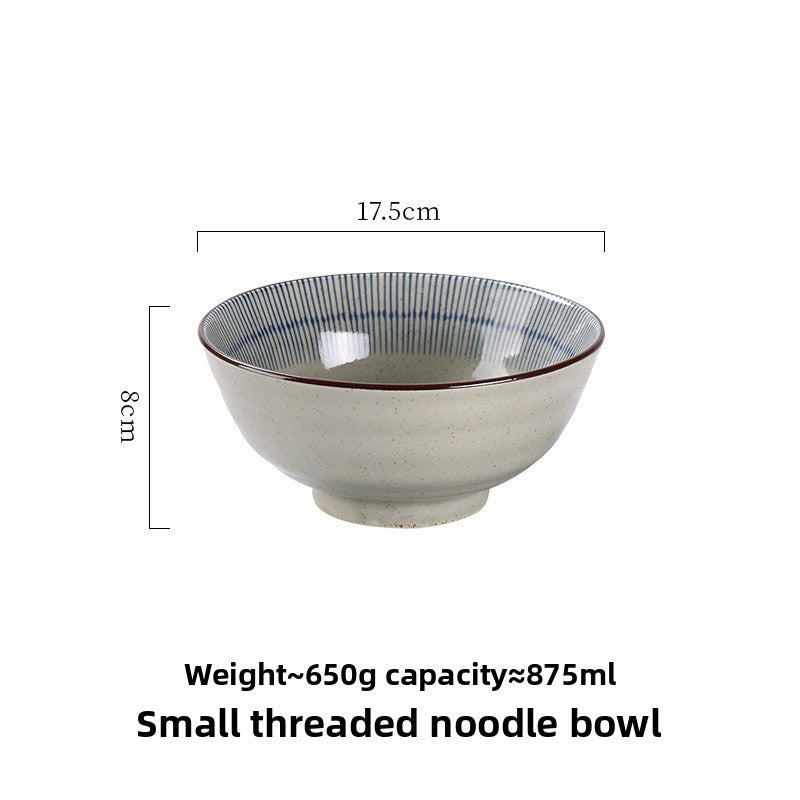 Tokusa stripe ceramic noodle bowl set for a meal with chopsticks alongside