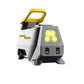 White and black portable air pump with a yellow handle, four LED lamps and two sockets on a white background