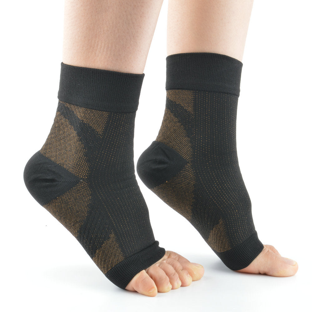 Copper toned compression foot sleeves on both feet, front view, diagonal two tone color block knit