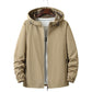 Mens lightweight nylon hooded jacket shown on a wooden hanger