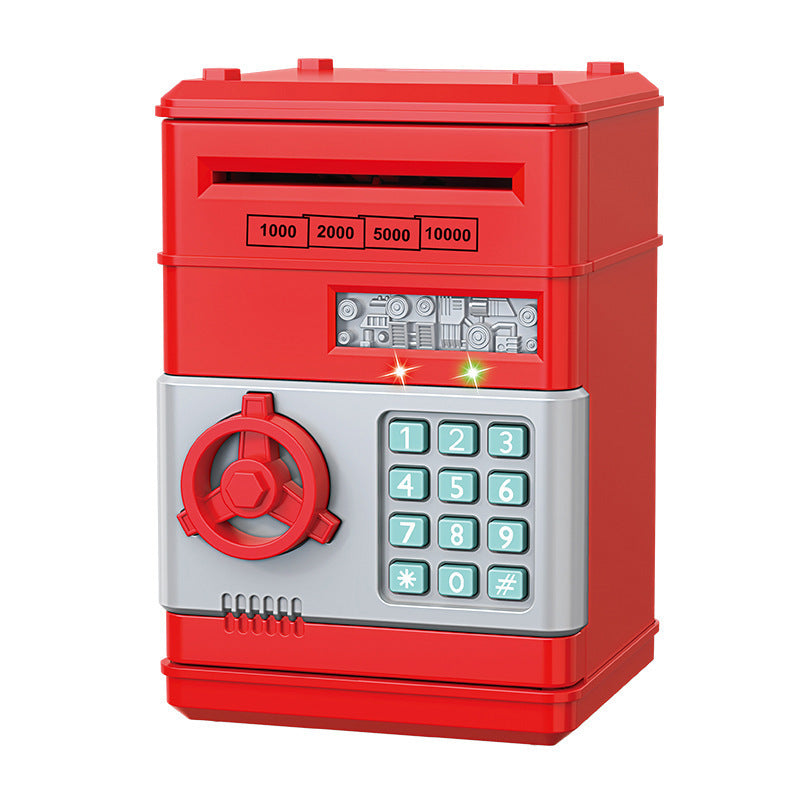 Compact ATM piggy bank in a bright colour with a keypad and vault door handle