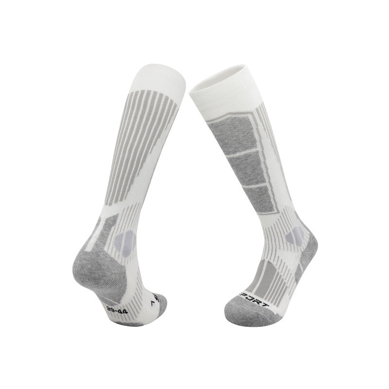 Long ski socks with a towel cushioned sole and an elastic cuff that holds the sock up