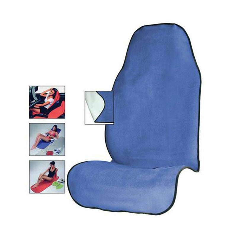 Blue terry cloth car seat cover with inset photos of the cover used on a seat and a lounger, option Blue