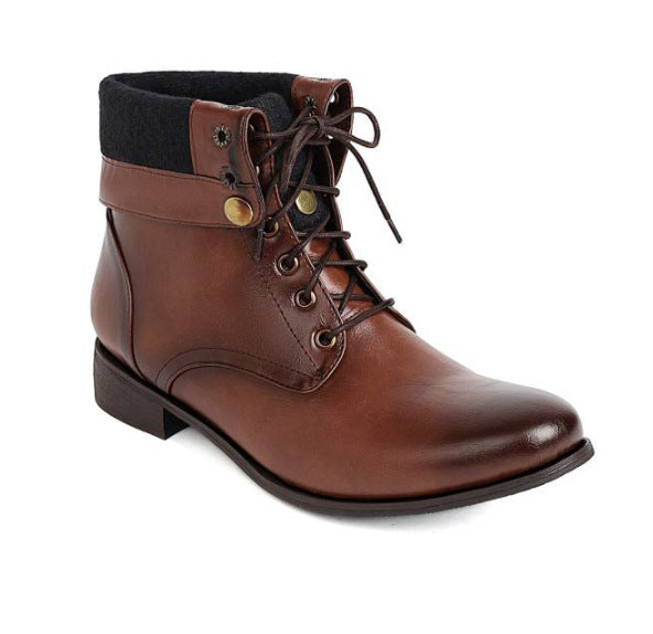 Brown lace-up ankle boot with folded black cuff and brass snaps, low stacked heel, EU 38 option
