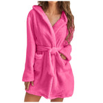 Rose Red plush hooded fleece robe with tie belt and pockets on a model against a white background