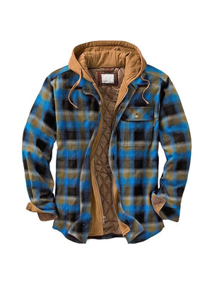 Plaid hooded jacket shown open with the diamond quilted lining visible