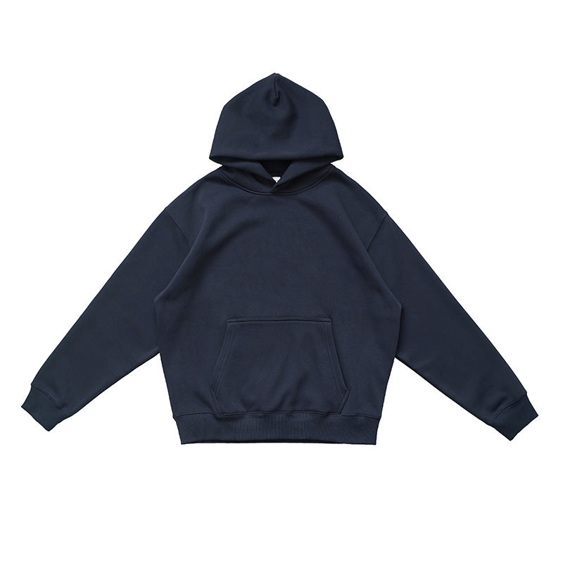 Navy Blue pullover hoodie with front pouch pocket and rib knit cuffs flat on white, size S option