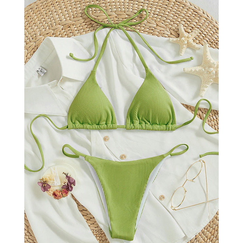 Green ribbed halter triangle bikini set with tie side briefs, flat lay, size M variant
