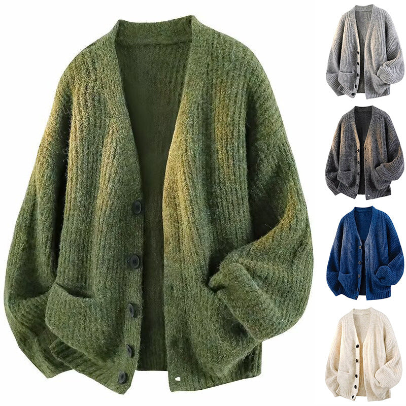 Olive green ribbed knit cardigan with a gradient finish and swatches of gray, dark gray, blue and cream cardigans