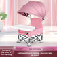 Pink folding baby feeding chair with canopy on a maker panel with feature captions