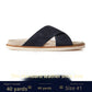 Navy suede cross-strap slide sandal with cream sole and size panel, Dark blue option, size 42