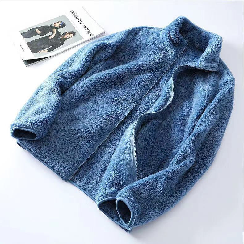 Front view of the double sided plush fleece jacket, full length zipper up to the stand collar