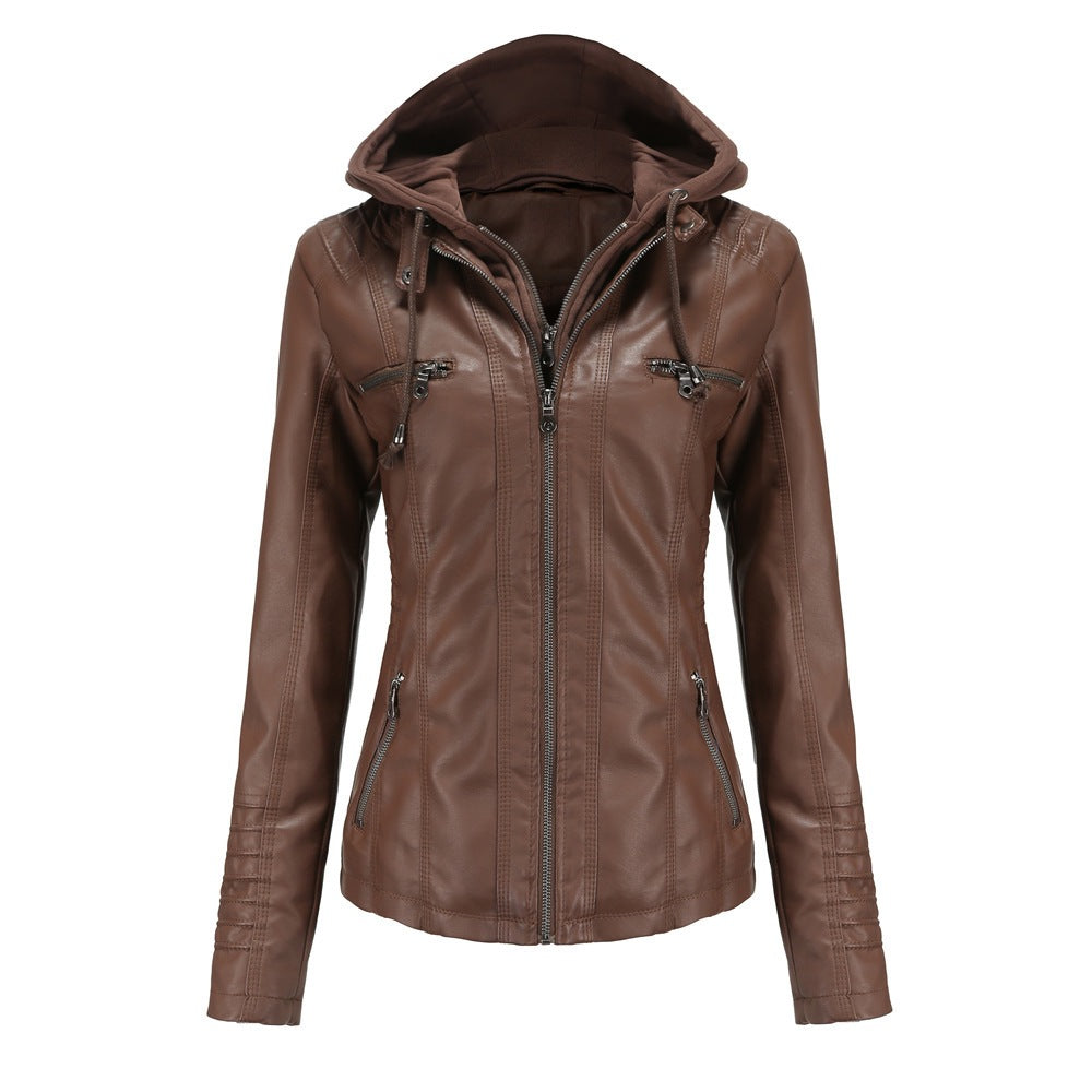 Coffee brown PU leather jacket with detachable hood, size L option