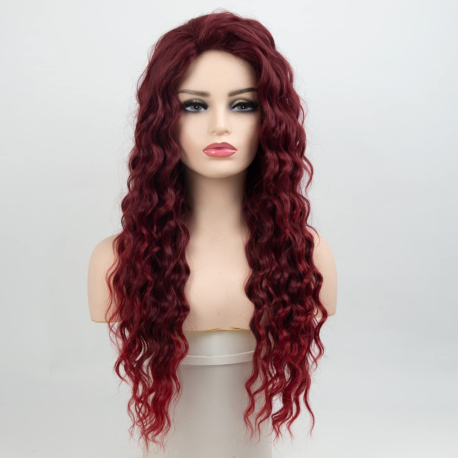 Detail of the lace front and cap construction on the curly synthetic wig