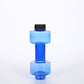 Fillable dumbbell bottle shown next to small water bottles to compare its capacity