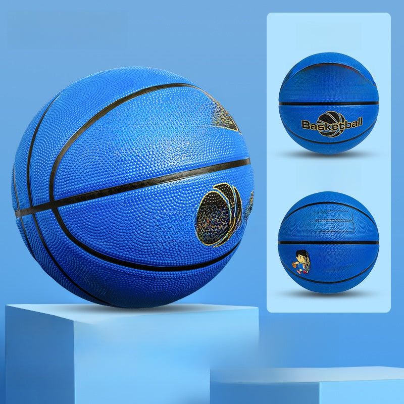 Blue rubber basketball for children on a bright blue studio pedestal