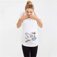 White maternity short sleeve tee with a stork carrying a baby print, round neck and side ruching, on a pregnant model