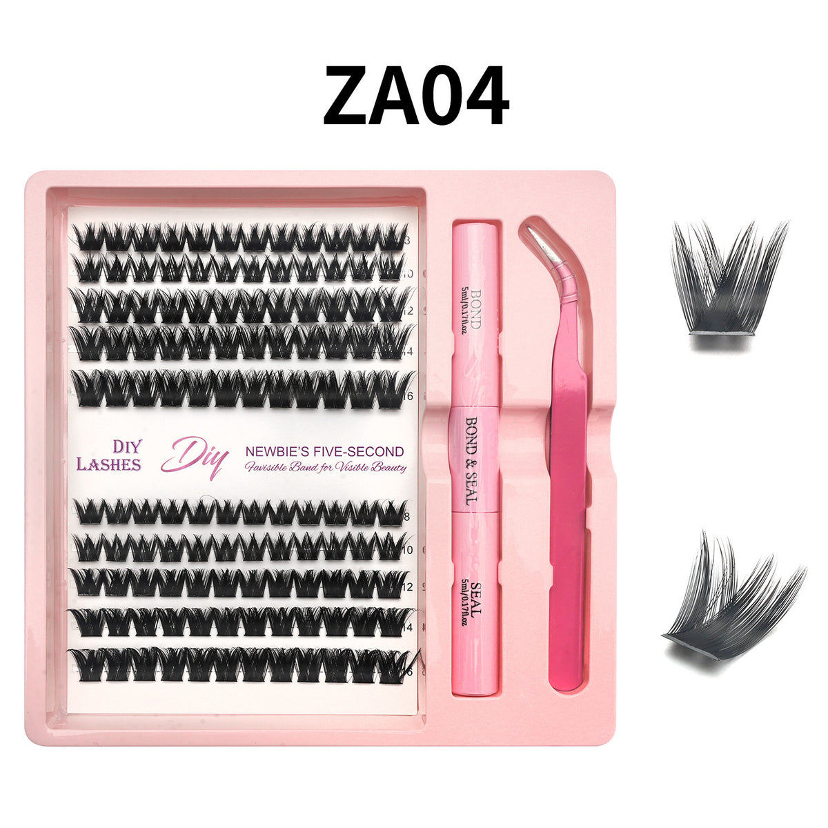 Lash cluster style ZA04 in a 10 row tray with dual-ended glue pen, tweezers and a close-up of the cluster shape