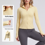 Woman in a butter yellow slim fit zip jacket beside close-ups of the TUTU fabric and the thumb sleeve