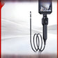 Borescope with a long thin probe cable coiled on a white and red background